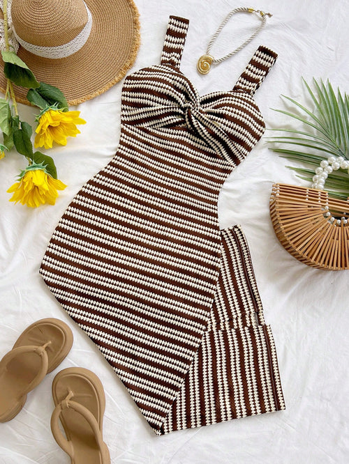 Soleia Women's Vacation Fashion Striped Front Knot Ruffle Sleeveless Dress No Chest Padding