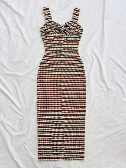 Soleia Women's Vacation Fashion Striped Front Knot Ruffle Sleeveless Dress No Chest Padding