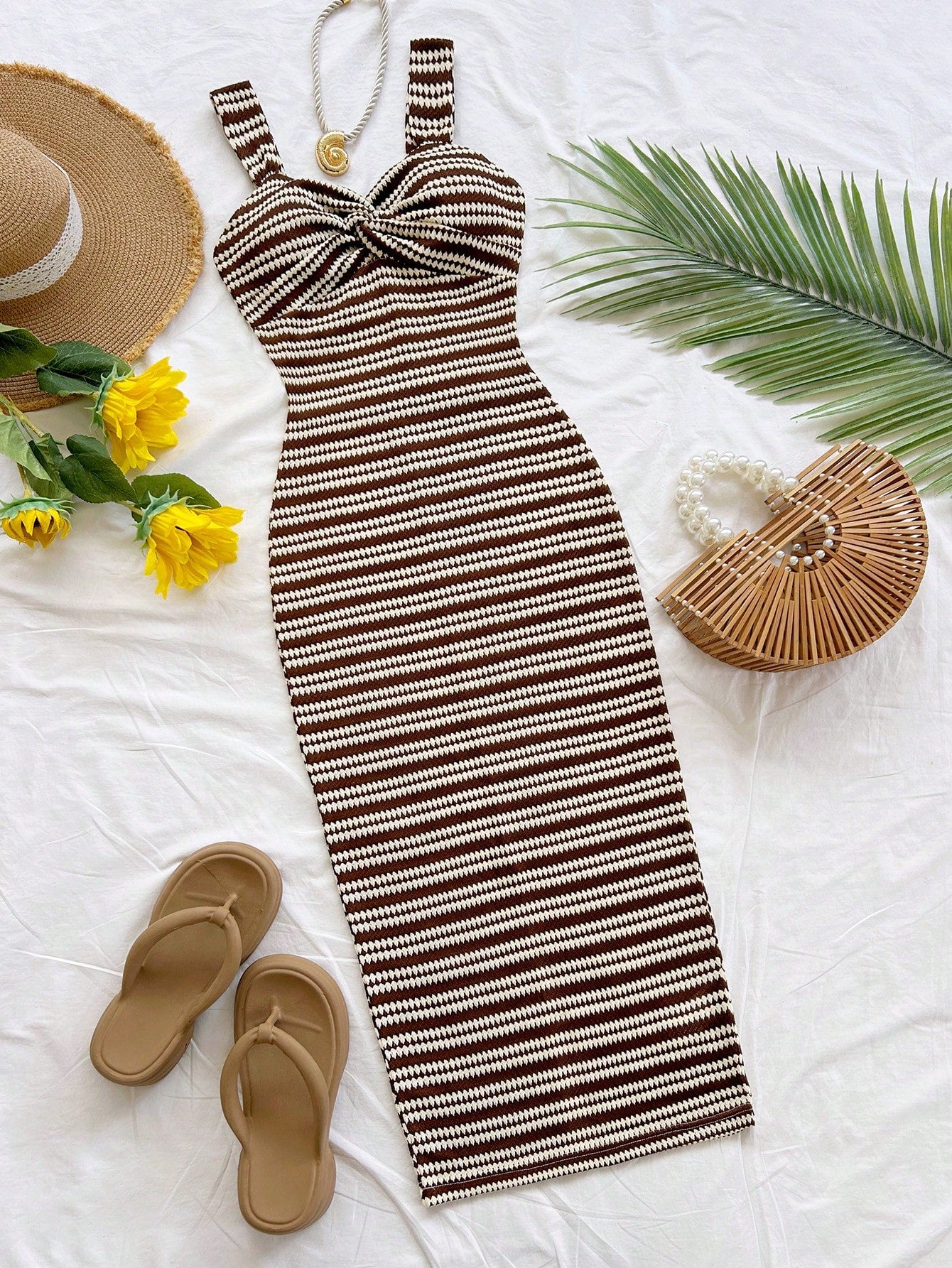 Soleia Women's Vacation Fashion Striped Front Knot Ruffle Sleeveless Dress No Chest Padding