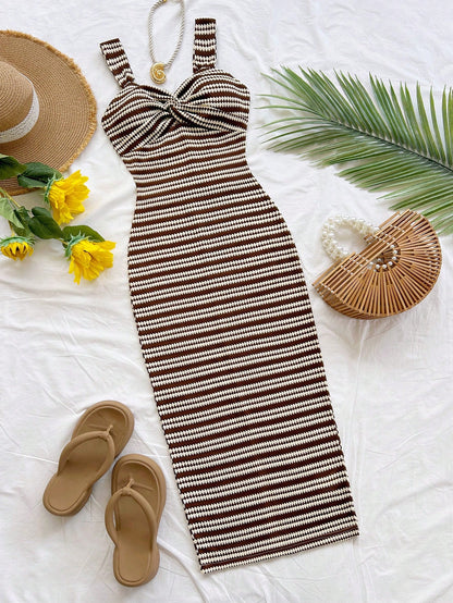 Soleia Women's Vacation Fashion Striped Front Knot Ruffle Sleeveless Dress No Chest Padding