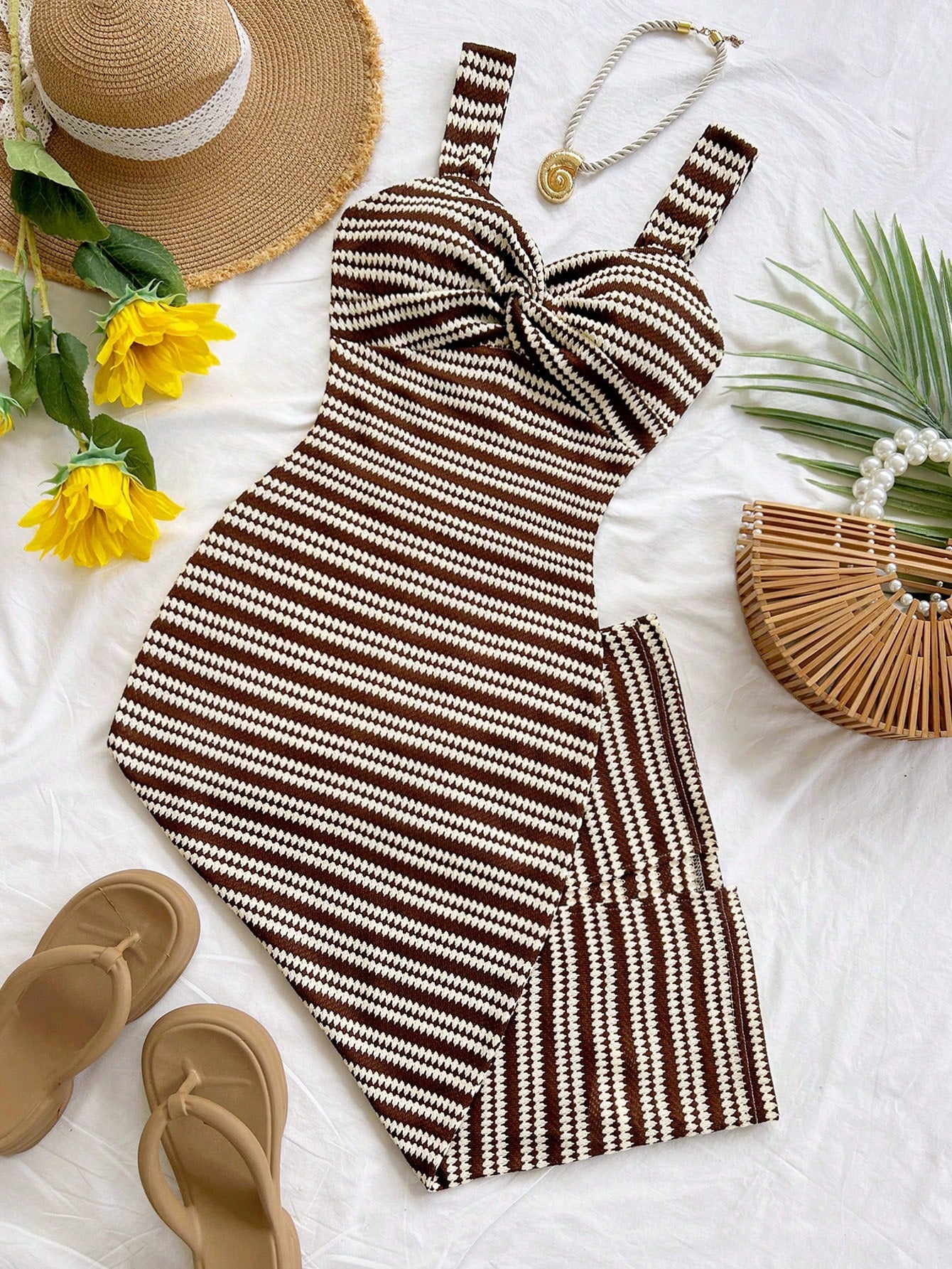Soleia Women's Vacation Fashion Striped Front Knot Ruffle Sleeveless Dress No Chest Padding