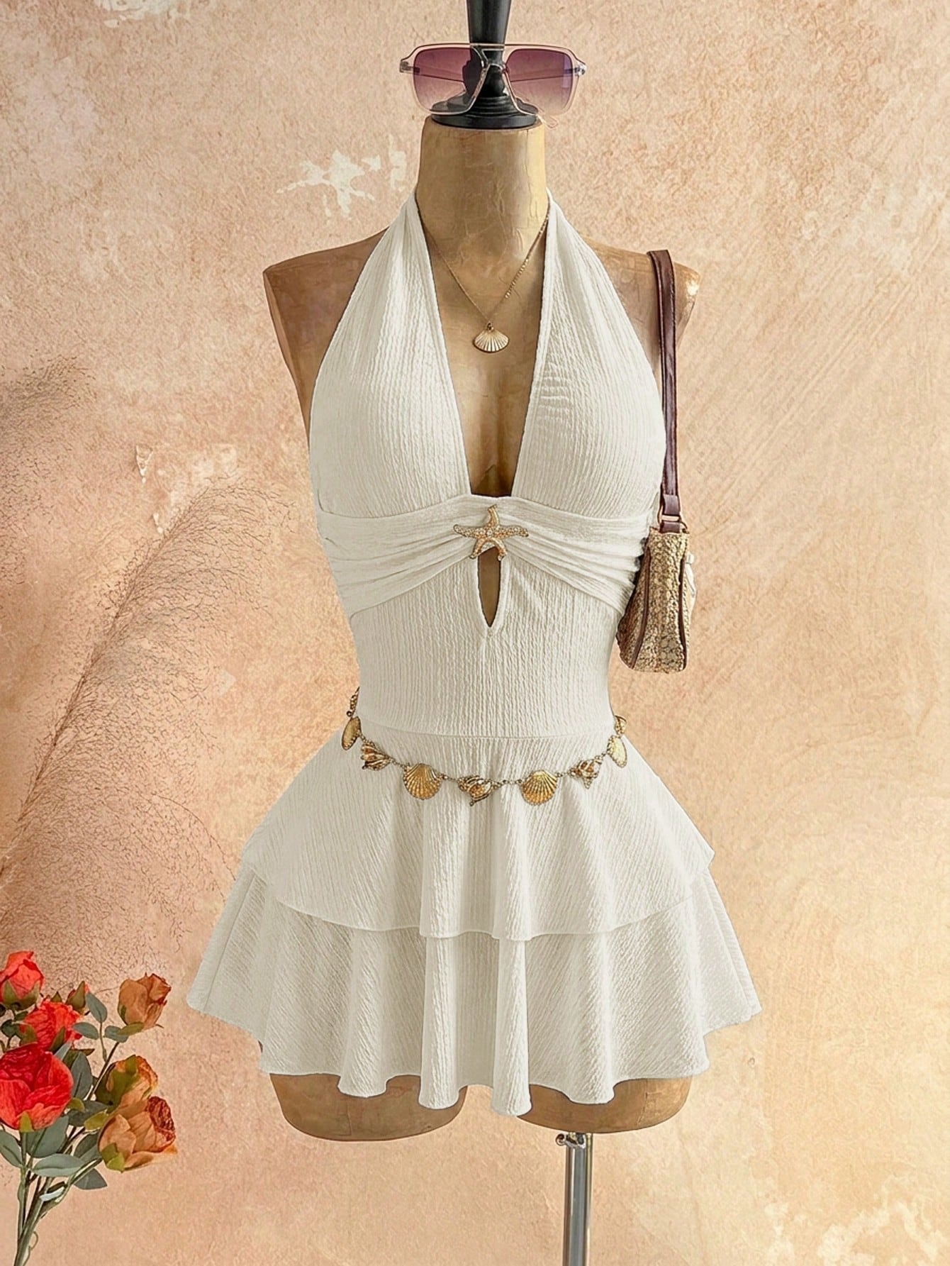 Soleia Women's Vacation Metal Starfish Decor Sexy Halter Mini Dress,Party Dresses For Women