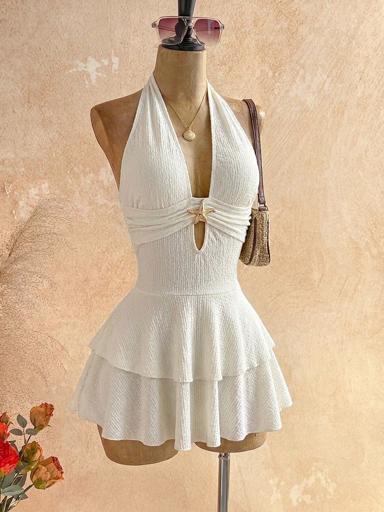 Soleia Women's Vacation Metal Starfish Decor Sexy Halter Mini Dress,Party Dresses For Women