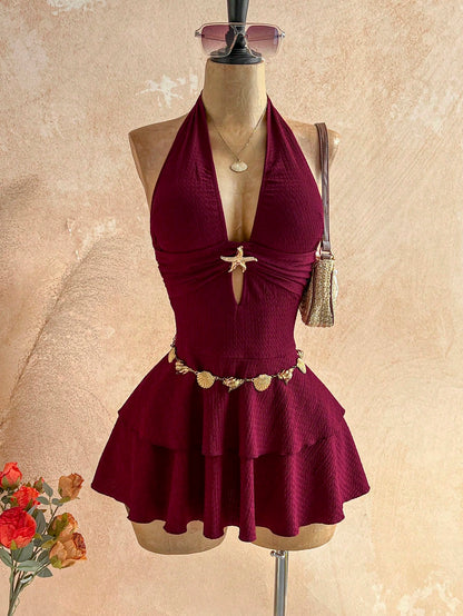 Soleia Women's Vacation Metal Starfish Decor Sexy Halter Mini Dress,Party Dresses For Women