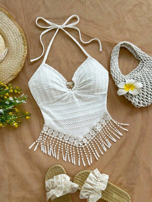 Soleia Women's Vacation Solid Color Beaded Tassel Hem Halter Neck Camisole Beach Vacation White Summer Tropical No Chest Padding
