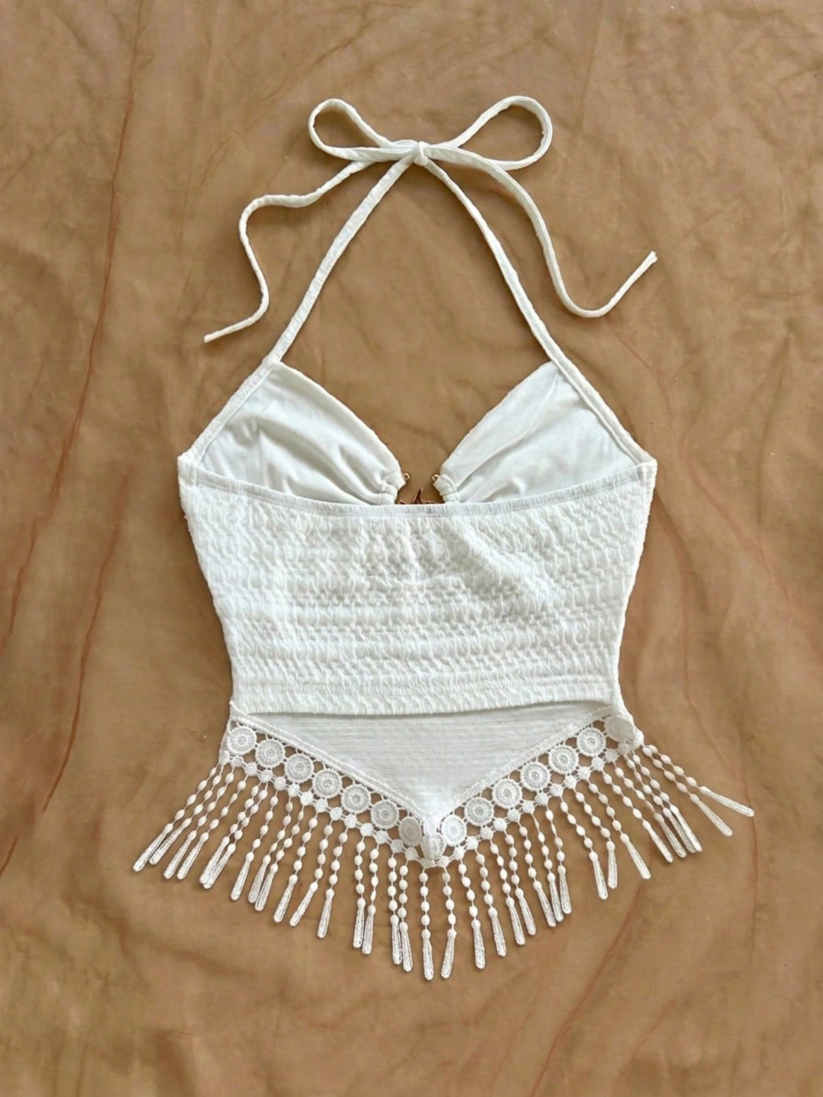 Soleia Women's Vacation Solid Color Beaded Tassel Hem Halter Neck Camisole Beach Vacation White Summer Tropical No Chest Padding