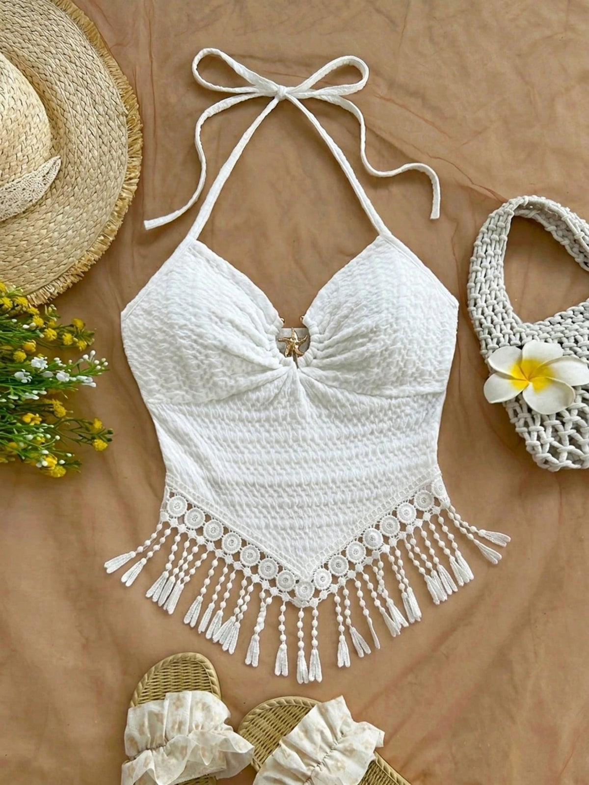 Soleia Women's Vacation Solid Color Beaded Tassel Hem Halter Neck Camisole Beach Vacation White Summer Tropical No Chest Padding