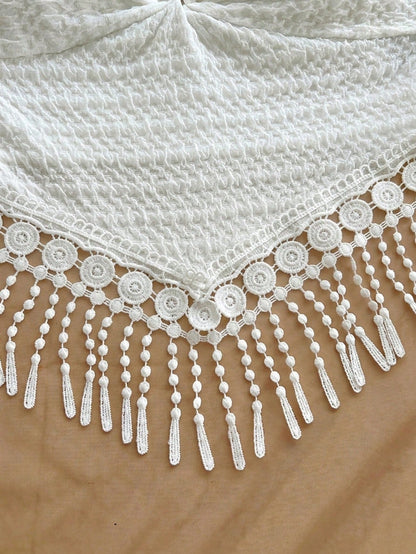 Soleia Women's Vacation Solid Color Beaded Tassel Hem Halter Neck Camisole Beach Vacation White Summer Tropical No Chest Padding