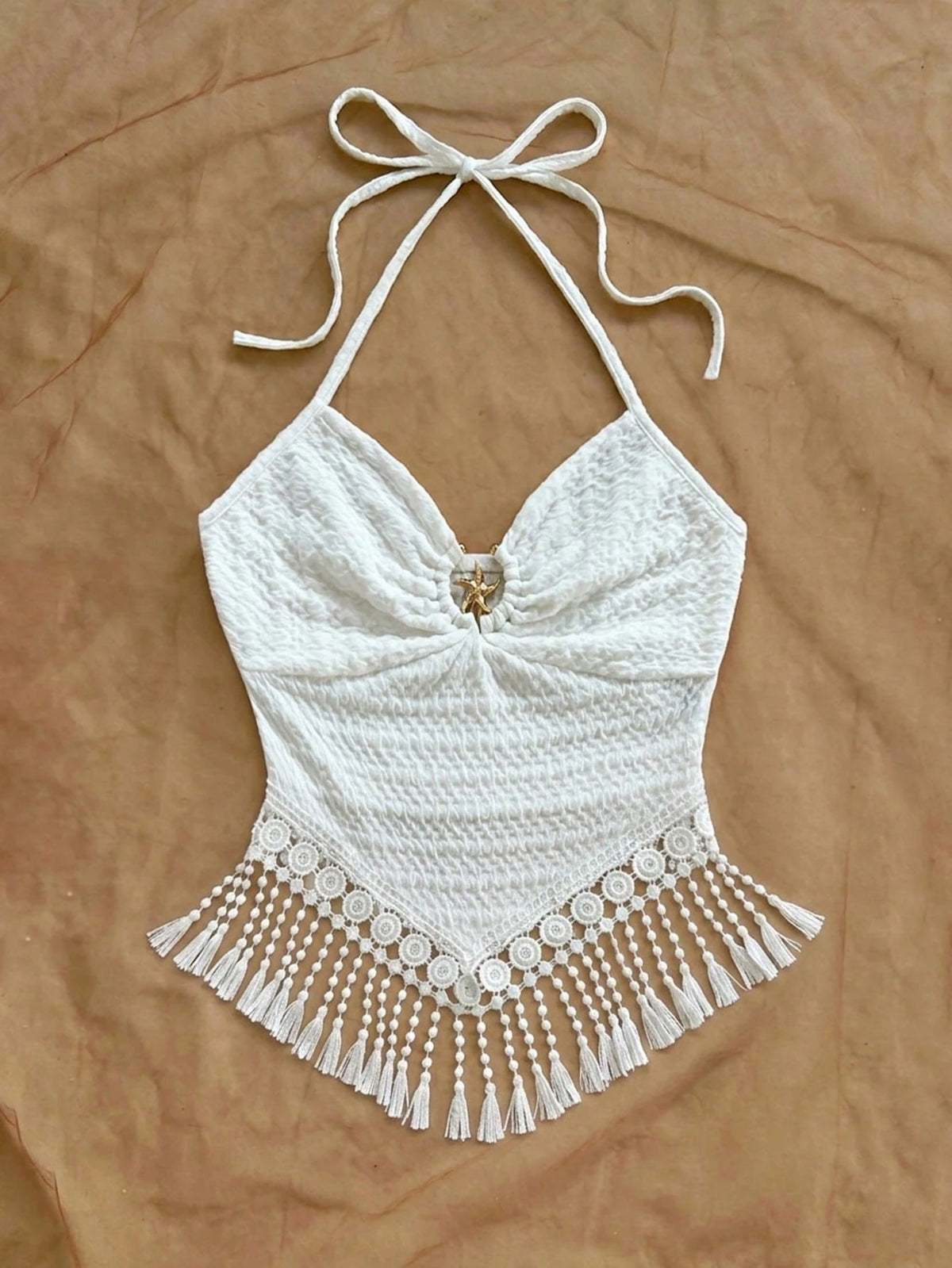 Soleia Women's Vacation Solid Color Beaded Tassel Hem Halter Neck Camisole Beach Vacation White Summer Tropical No Chest Padding