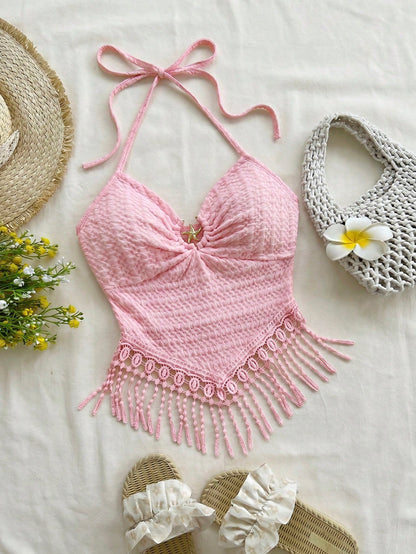 Soleia Women's Vacation Solid Color Beaded Tassel Hem Halter Neck Camisole Beach Vacation White Summer Tropical No Chest Padding