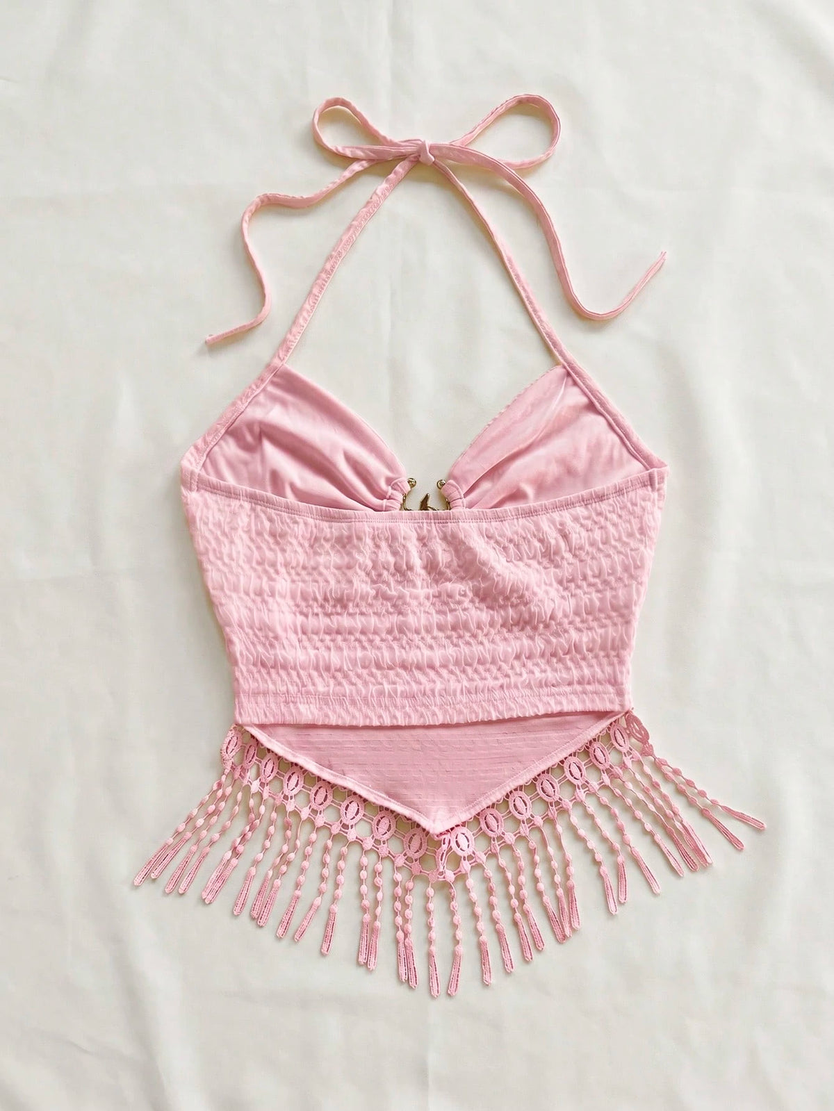 Soleia Women's Vacation Solid Color Beaded Tassel Hem Halter Neck Camisole Beach Vacation White Summer Tropical No Chest Padding