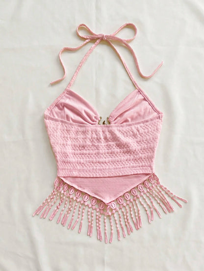 Soleia Women's Vacation Solid Color Beaded Tassel Hem Halter Neck Camisole Beach Vacation White Summer Tropical No Chest Padding