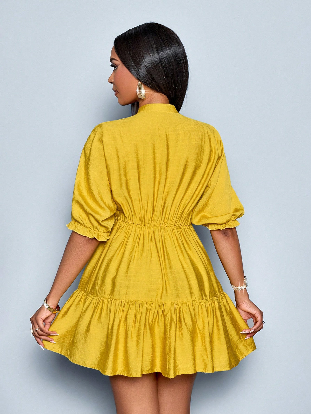 SOLERSUN Elegant Mustard Yellow Summer Dress,Women's Casual V-Neck Babydoll Mini Dress,Solid Color A-Line Bohemian Vacation Outfits,Vintage Modest Party Dress