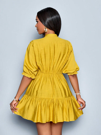 SOLERSUN Elegant Mustard Yellow Summer Dress,Women's Casual V-Neck Babydoll Mini Dress,Solid Color A-Line Bohemian Vacation Outfits,Vintage Modest Party Dress