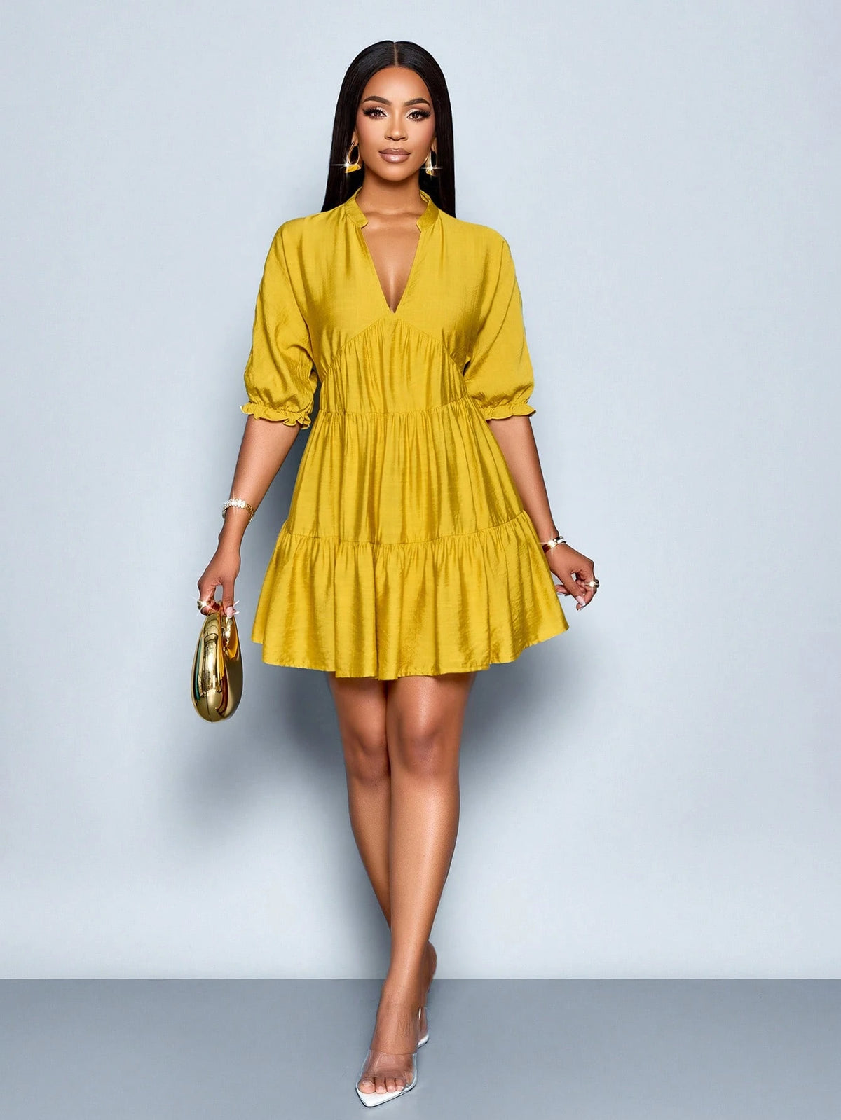 SOLERSUN Elegant Mustard Yellow Summer Dress,Women's Casual V-Neck Babydoll Mini Dress,Solid Color A-Line Bohemian Vacation Outfits,Vintage Modest Party Dress