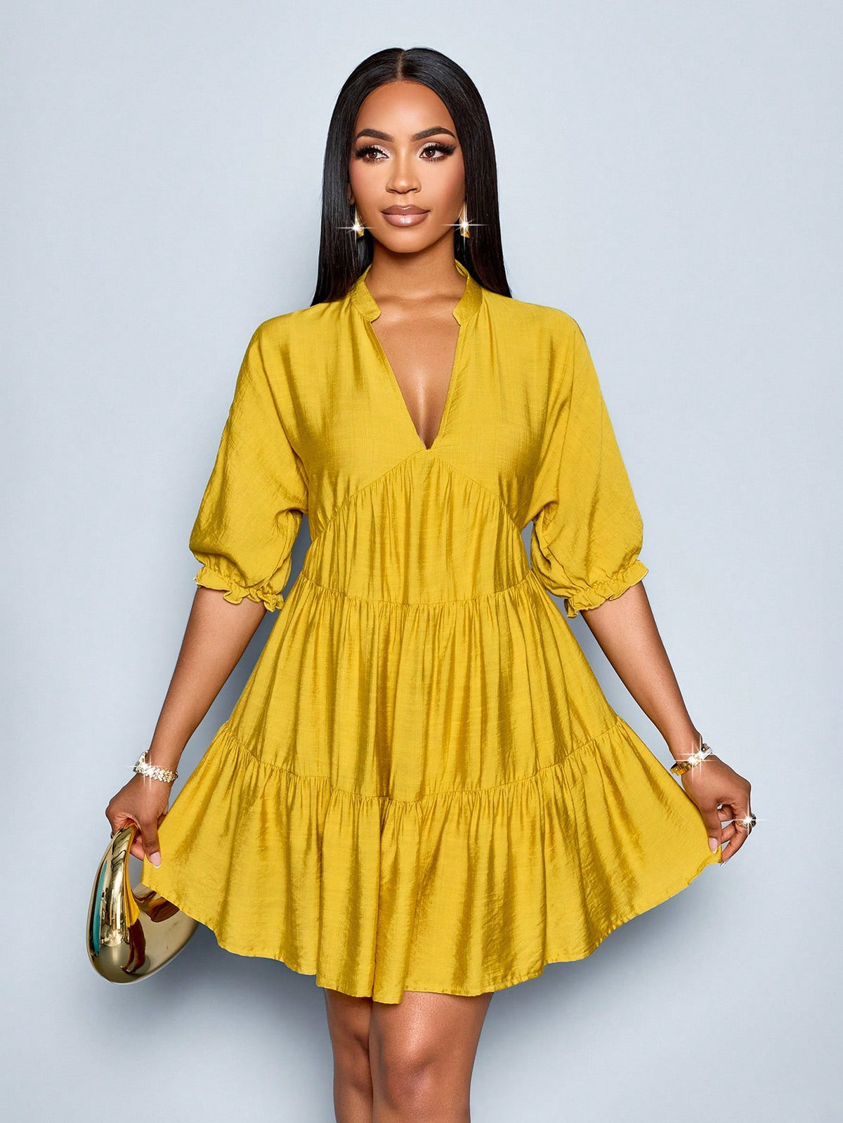 SOLERSUN Elegant Mustard Yellow Summer Dress,Women's Casual V-Neck Babydoll Mini Dress,Solid Color A-Line Bohemian Vacation Outfits,Vintage Modest Party Dress