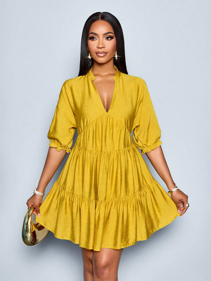 SOLERSUN Elegant Mustard Yellow Summer Dress,Women's Casual V-Neck Babydoll Mini Dress,Solid Color A-Line Bohemian Vacation Outfits,Vintage Modest Party Dress