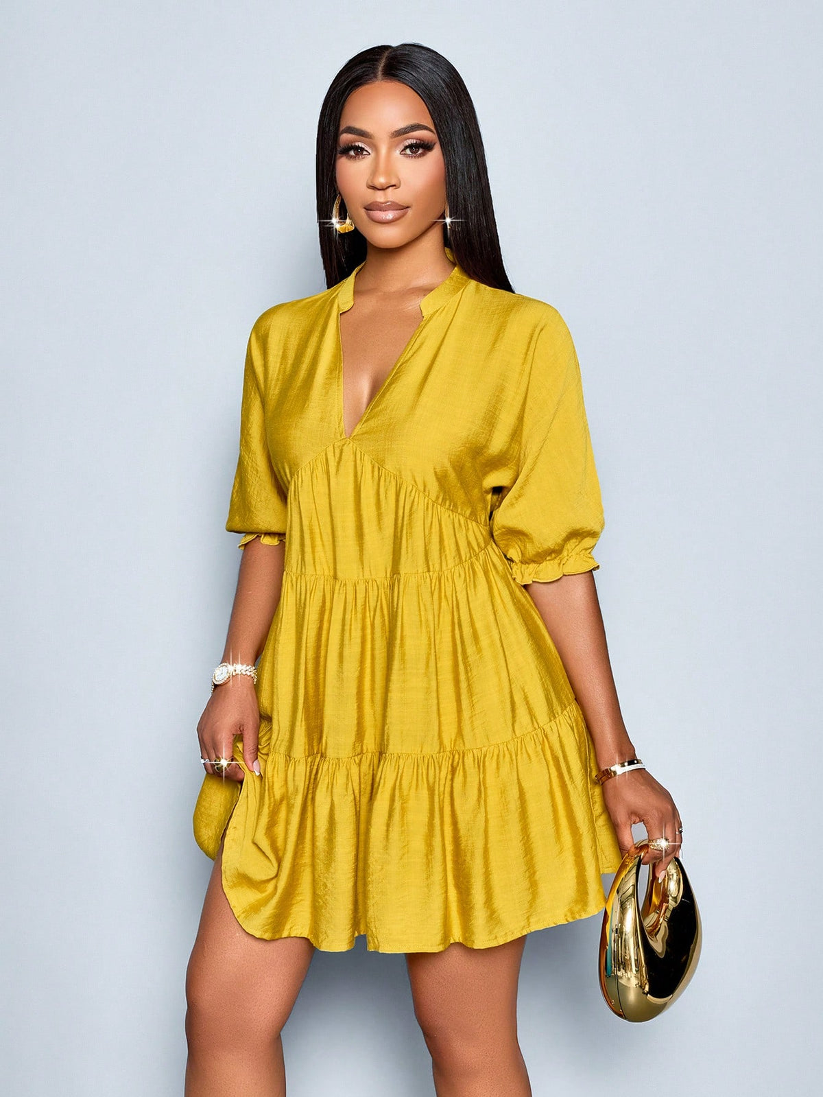 SOLERSUN Elegant Mustard Yellow Summer Dress,Women's Casual V-Neck Babydoll Mini Dress,Solid Color A-Line Bohemian Vacation Outfits,Vintage Modest Party Dress