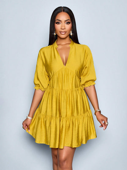 SOLERSUN Elegant Mustard Yellow Summer Dress,Women's Casual V-Neck Babydoll Mini Dress,Solid Color A-Line Bohemian Vacation Outfits,Vintage Modest Party Dress
