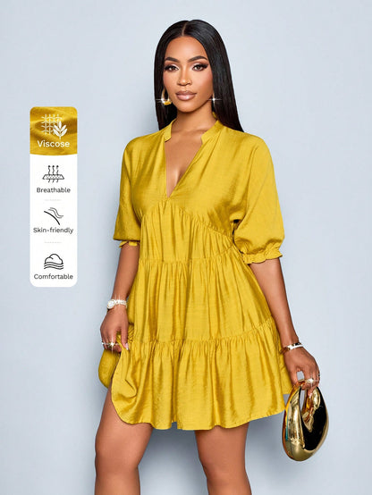 SOLERSUN Elegant Mustard Yellow Summer Dress,Women's Casual V-Neck Babydoll Mini Dress,Solid Color A-Line Bohemian Vacation Outfits,Vintage Modest Party Dress