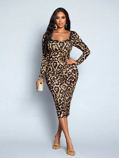 SOLERSUN Women Autumn Elegant Wrap Contrast Lace Leopard Print Square Neck Slim Midi Skirt,Brown,Date,Night Out,Party Valentine's Day Dress