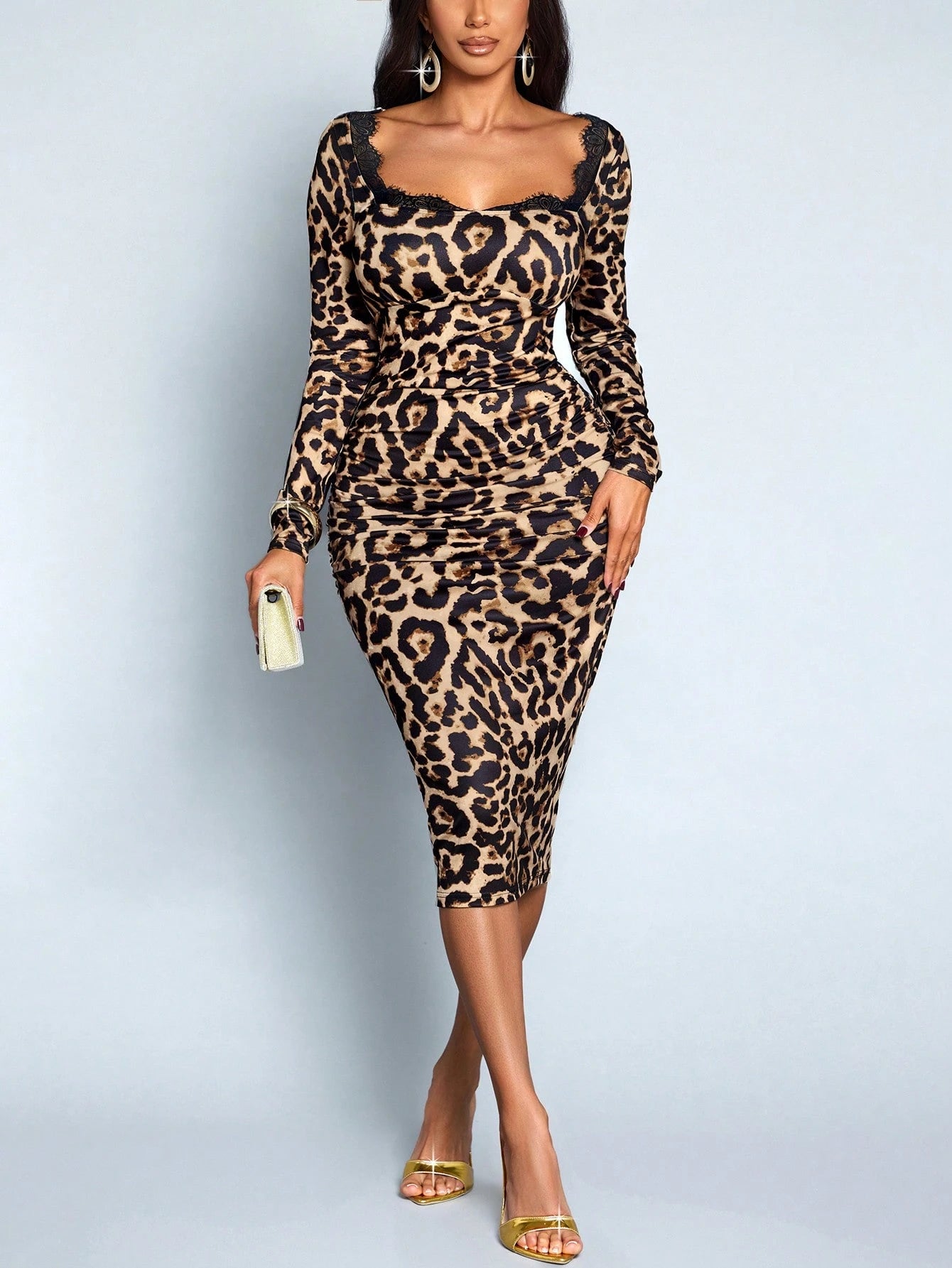 SOLERSUN Women Autumn Elegant Wrap Contrast Lace Leopard Print Square Neck Slim Midi Skirt,Brown,Date,Night Out,Party Valentine's Day Dress