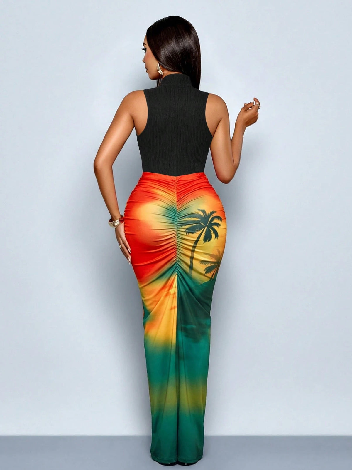SOLERSUN Women's Orange And Black Summer Casual Maxi Dress,Tropical Floral Print Mermaid Hem Bodycon Dress,Elegant Holiday Vacation Date Party Outfits