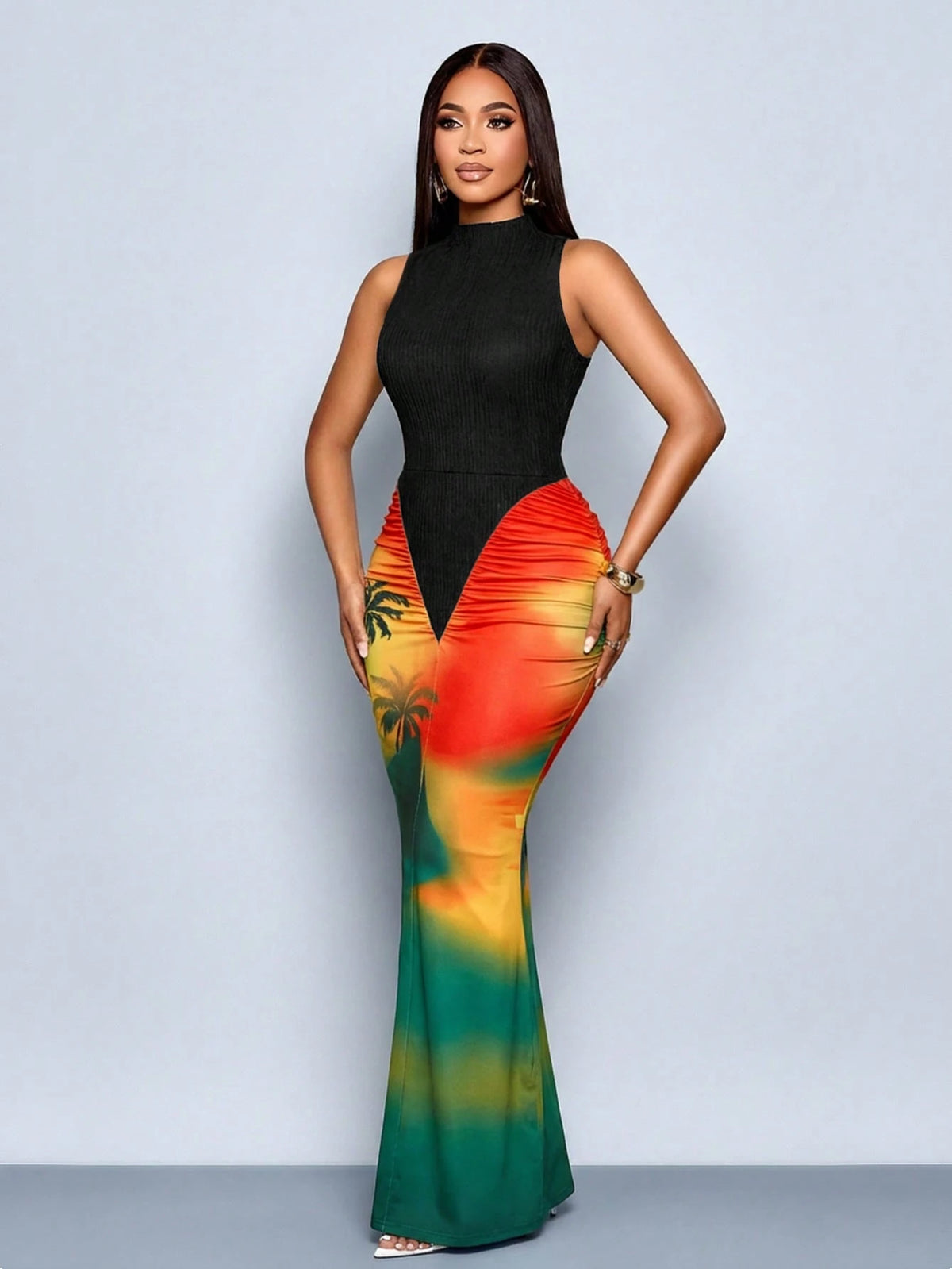 SOLERSUN Women's Orange And Black Summer Casual Maxi Dress,Tropical Floral Print Mermaid Hem Bodycon Dress,Elegant Holiday Vacation Date Party Outfits