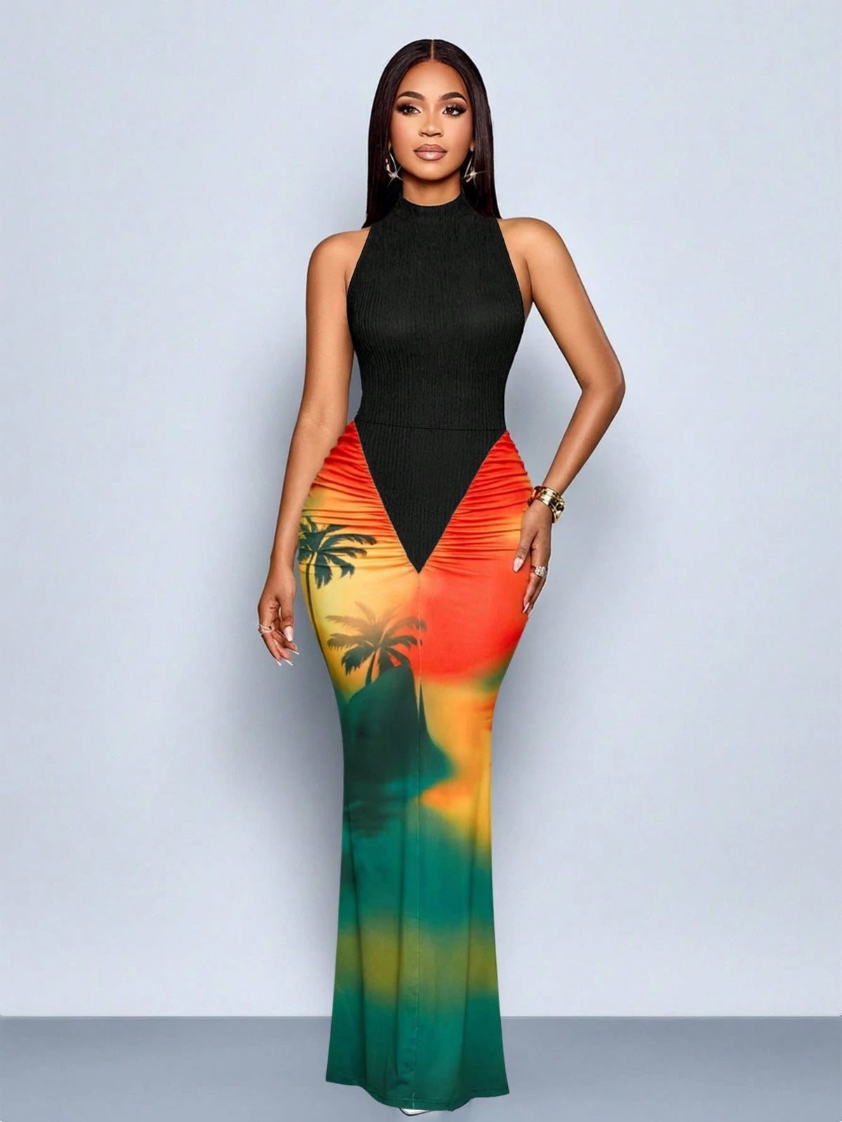 SOLERSUN Women's Orange And Black Summer Casual Maxi Dress,Tropical Floral Print Mermaid Hem Bodycon Dress,Elegant Holiday Vacation Date Party Outfits