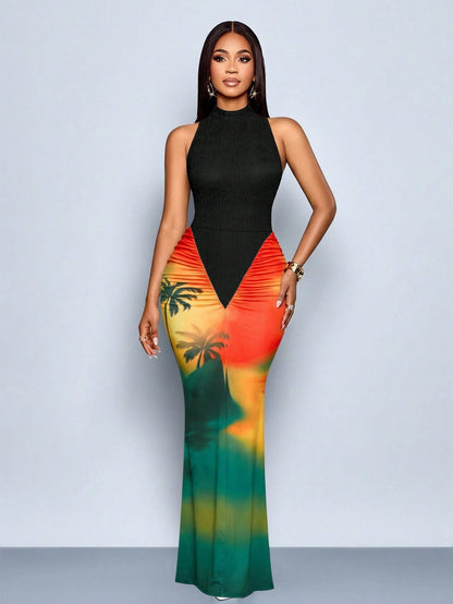 SOLERSUN Women's Orange And Black Summer Casual Maxi Dress,Tropical Floral Print Mermaid Hem Bodycon Dress,Elegant Holiday Vacation Date Party Outfits