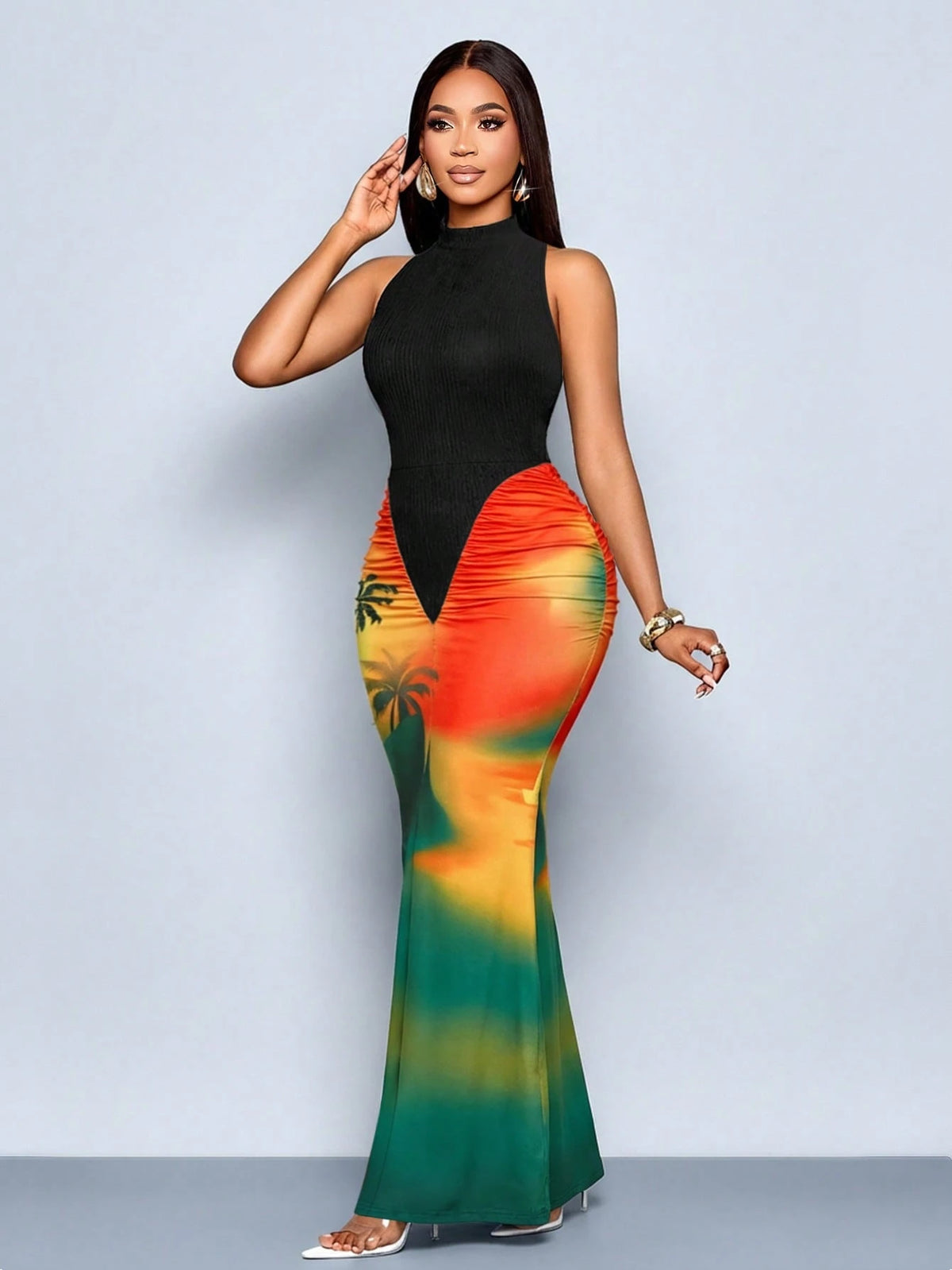 SOLERSUN Women's Orange And Black Summer Casual Maxi Dress,Tropical Floral Print Mermaid Hem Bodycon Dress,Elegant Holiday Vacation Date Party Outfits