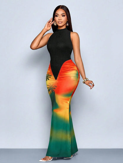 SOLERSUN Women's Orange And Black Summer Casual Maxi Dress,Tropical Floral Print Mermaid Hem Bodycon Dress,Elegant Holiday Vacation Date Party Outfits
