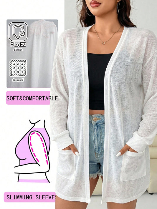 Solflare White Plus Size Jacket, Autumn Casual Outerwear For Women, Long Sleeve Open Front Textured Knit Cardigan, Sheer Cover Up For Airport Office Business