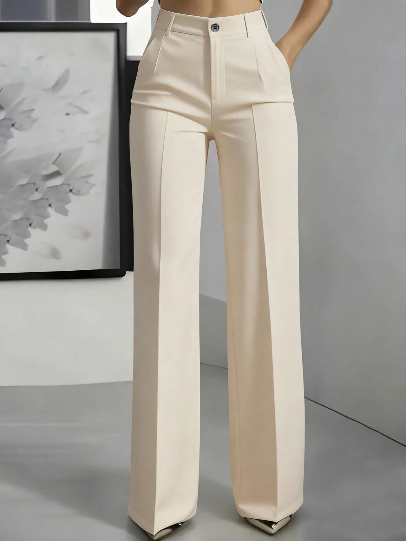 Solid Color Button Zipper Pocket Press Crease Elegant Pants Spring
