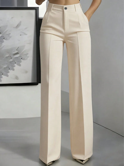 Solid Color Button Zipper Pocket Press Crease Elegant Pants Spring