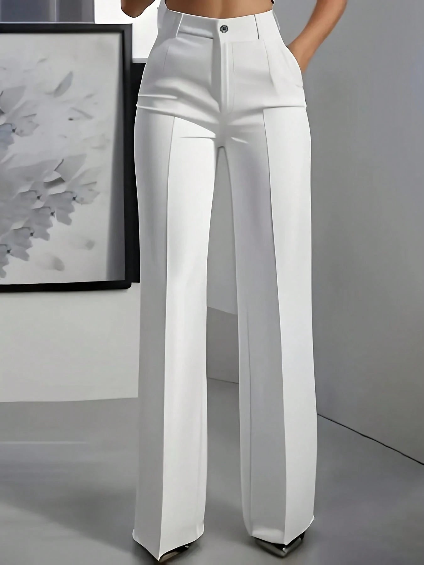 Solid Color Button Zipper Pocket Press Crease Elegant Pants Spring