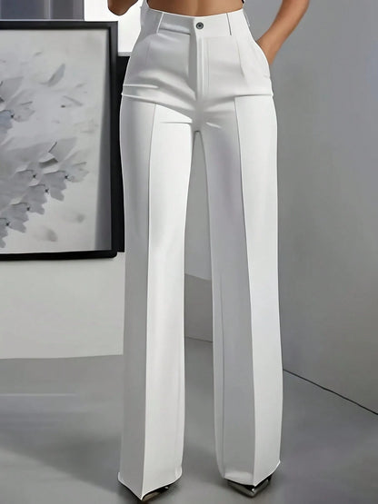 Solid Color Button Zipper Pocket Press Crease Elegant Pants Spring