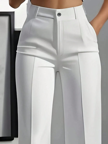 Solid Color Button Zipper Pocket Press Crease Elegant Pants Spring