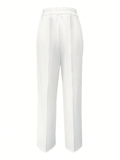 Solid Color Button Zipper Pocket Press Crease Elegant Pants Spring