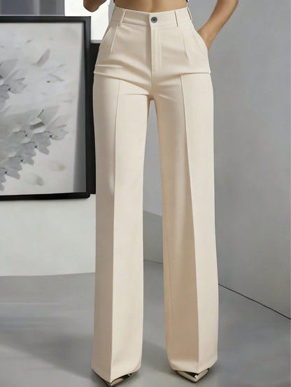 Solid Color Button Zipper Pocket Press Crease Elegant Pants Spring