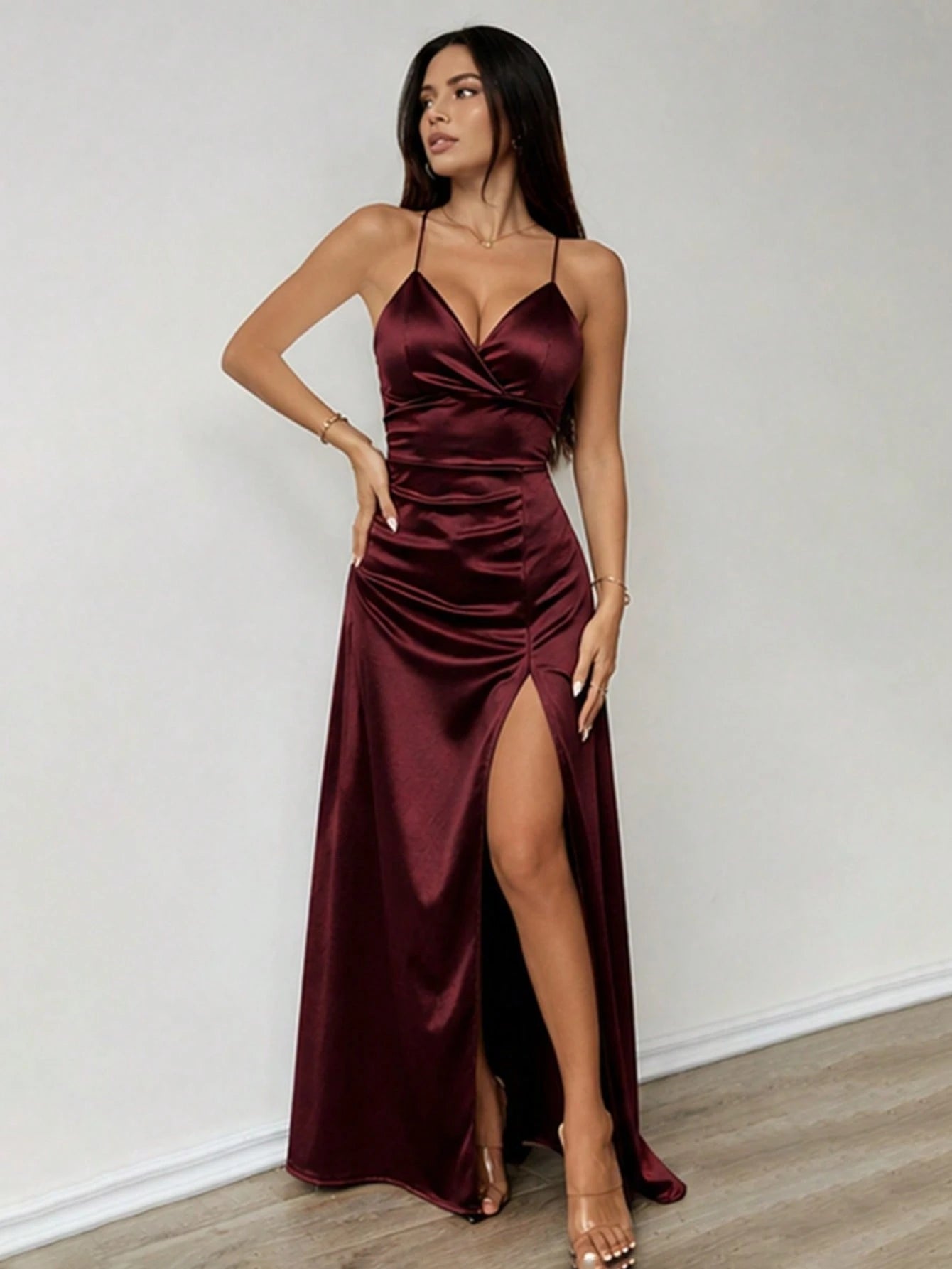 Solid Color Satin Elegant Sexy Criss-Cross Strap Backless Asymmetric Bow Cutout Drawstring Hollow Design High Slit Thigh Back Lace-Up Adjustable Fit Engagement Bridesmaid Wedding Evening Party Stage C