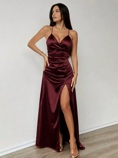 Solid Color Satin Elegant Sexy Criss-Cross Strap Backless Asymmetric Bow Cutout Drawstring Hollow Design High Slit Thigh Back Lace-Up Adjustable Fit Engagement Bridesmaid Wedding Evening Party Stage C