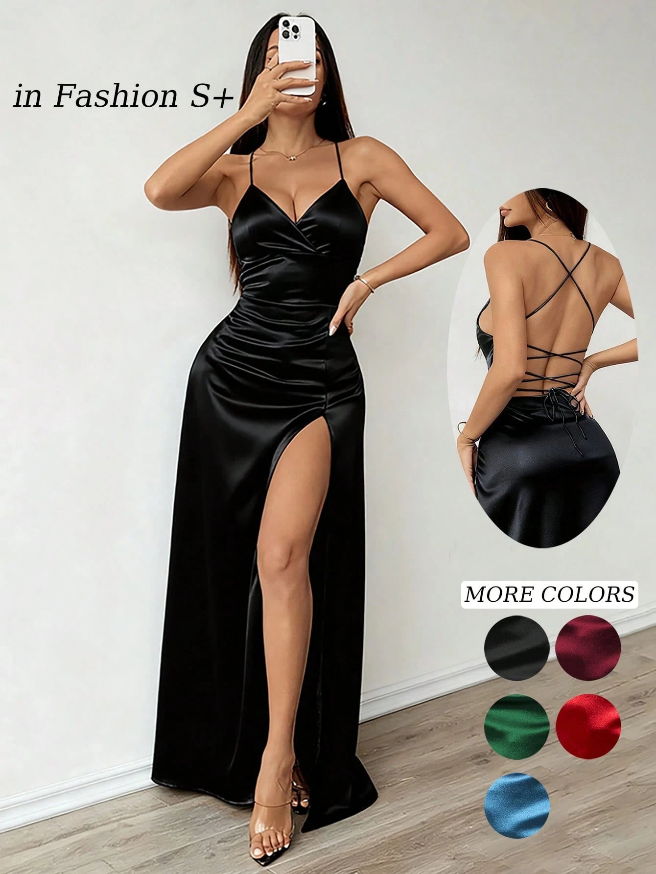 Solid Color Satin Elegant Sexy Criss-Cross Strap Backless Asymmetric Bow Cutout Drawstring Hollow Design High Slit Thigh Back Lace-Up Adjustable Fit Engagement Bridesmaid Wedding Evening Party Stage C