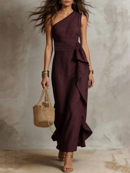 Solivie Women's Solid Color One-Shoulder Patchwork Ruffle Sleeveless Elegant Long Dress