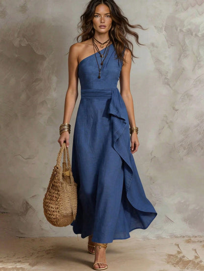 Solivie Women's Solid Color One-Shoulder Patchwork Ruffle Sleeveless Elegant Long Dress