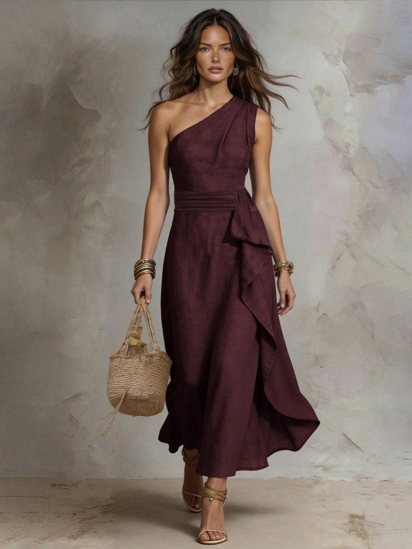 Solivie Women's Solid Color One-Shoulder Patchwork Ruffle Sleeveless Elegant Long Dress