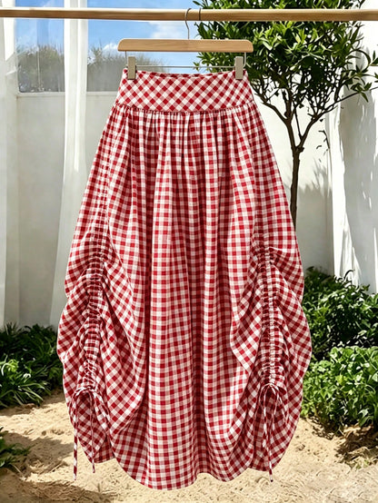 Solstice Apparel French Red & White Plaid High Waist Midi Skirt, Adjustable Drawstring Pleated Flowy Sweet A-Line Skirt