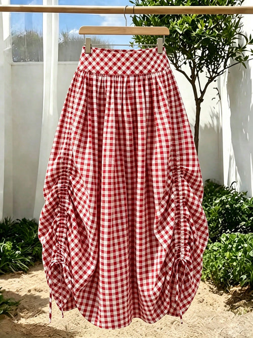 Solstice Apparel French Red & White Plaid High Waist Midi Skirt, Adjustable Drawstring Pleated Flowy Sweet A-Line Skirt