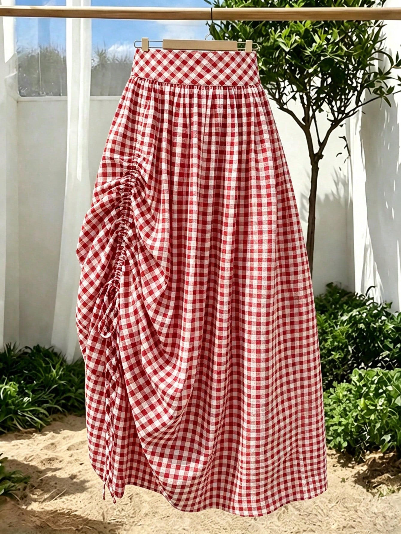 Solstice Apparel French Red & White Plaid High Waist Midi Skirt, Adjustable Drawstring Pleated Flowy Sweet A-Line Skirt