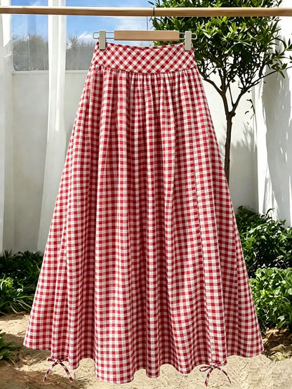 Solstice Apparel French Red & White Plaid High Waist Midi Skirt, Adjustable Drawstring Pleated Flowy Sweet A-Line Skirt